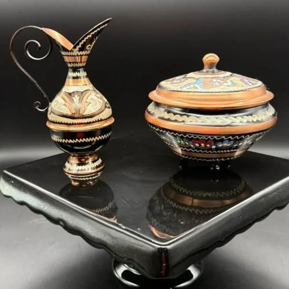 Vintage Copper Enamel Ewer Pitcher & Lidded Bowl Set Hand Etched Floral Decor